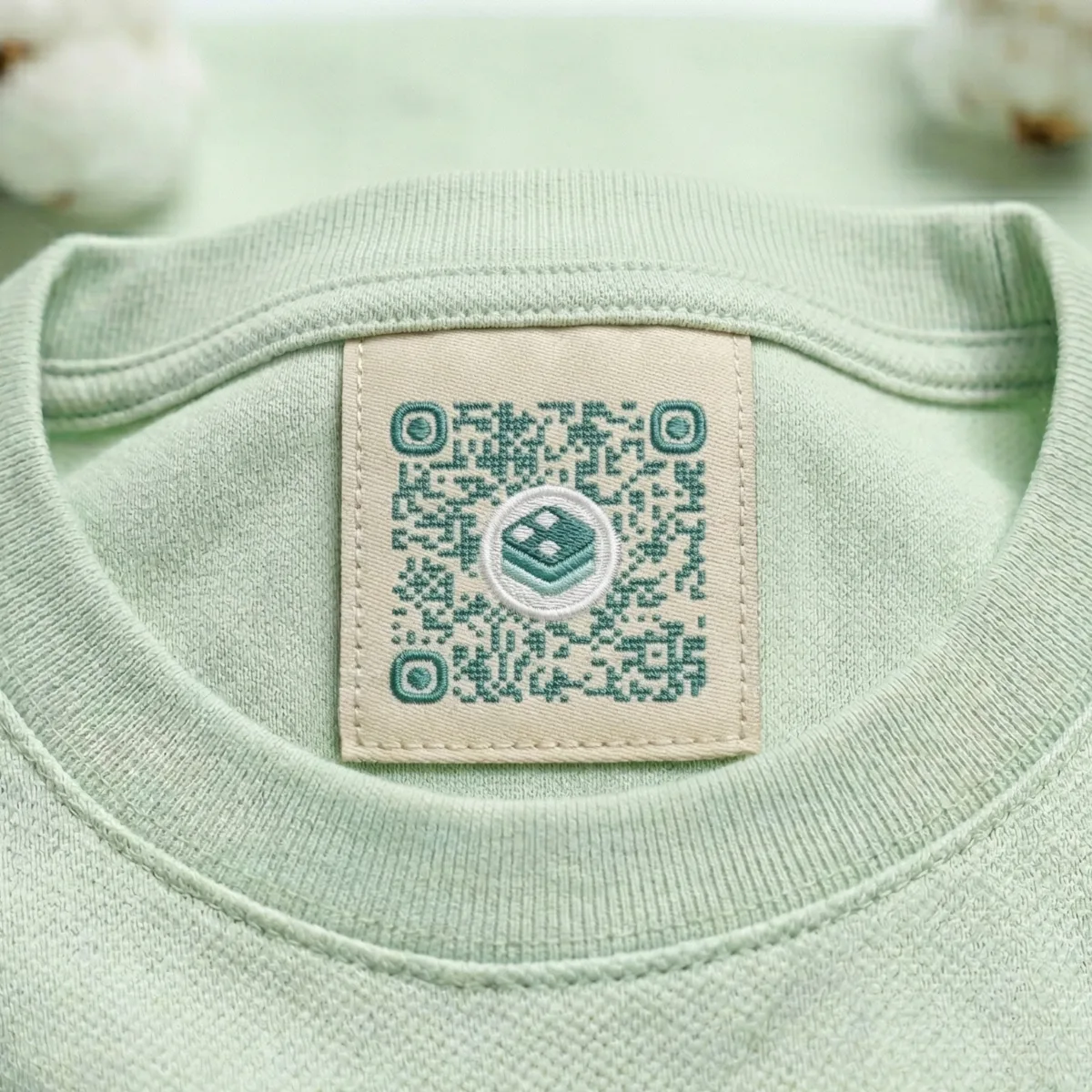 A BasiQR code embroidered into the neck label of a pale green sweatshirt